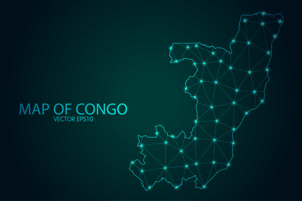 刚果地图-发光的点和线比例在黑暗的梯度背景，3D网格多边形网络连接图片下载