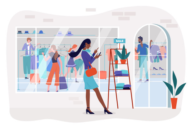 一名女子在时尚服装店打折时，拿着手机站在那里图片下载