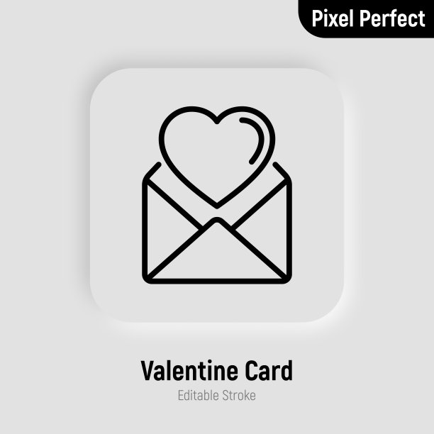 贺卡细线图标:用心打开信封。像素完美，可编辑的笔触。矢量插图。图片下载