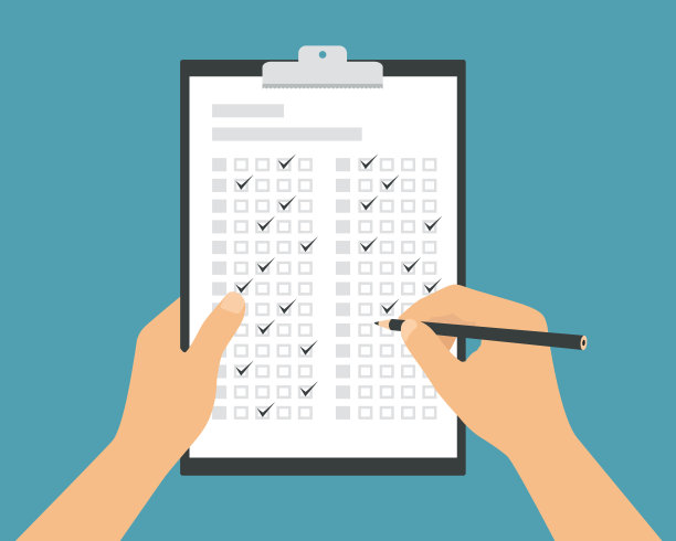 平面设计插图的男性或女性手拿一支铅笔，并填写测试表格。测验或考试在绿色背景的白纸-向量上图片下载
