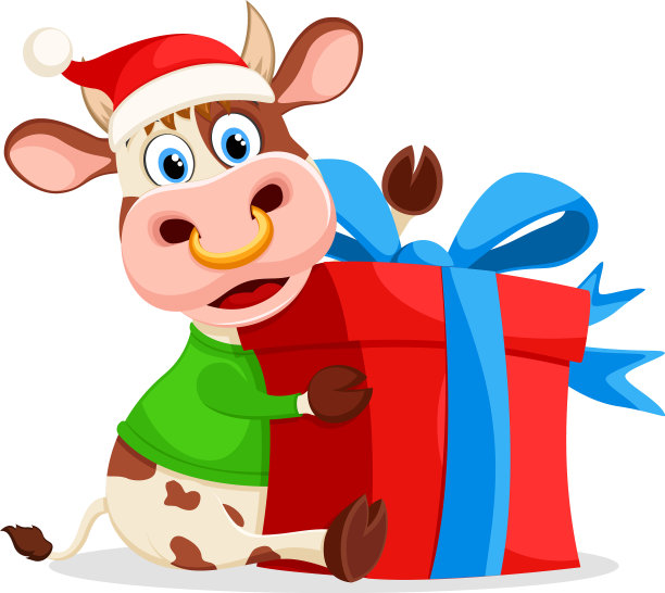 公牛与新年的帽子和毛衣的礼物图片下载