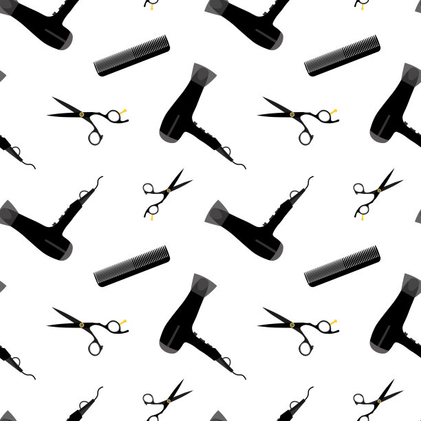 无缝模式理发主题。电吹风，梳子和剪刀。图片下载