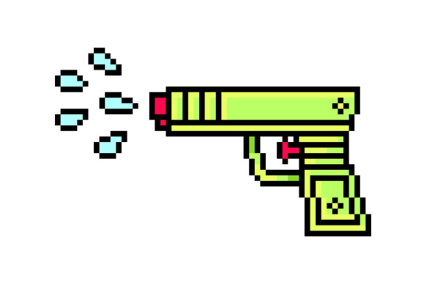 酸性绿色透明塑料水枪射水，像素艺术图标隔离在白色背景上。孩子玩具的象征。夏季户外活动。8位复古老虎机/视频游戏图形。图片下载