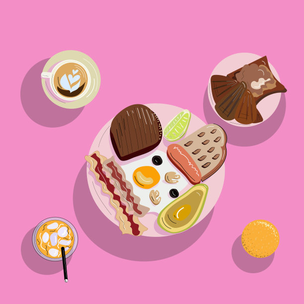 早餐。炒鸡蛋培根香肠牛油果蘑菇橄榄面包柠檬三明治羊角面包咖啡杯果汁玻璃橙子图片下载