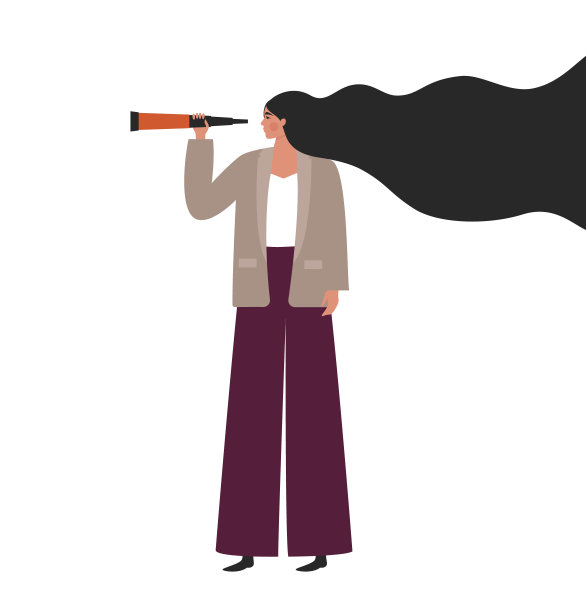 看望远镜的女商人。搜索、愿景、预测的概念。拿着双筒望远镜的女孩在寻找商机，找新工作图片下载