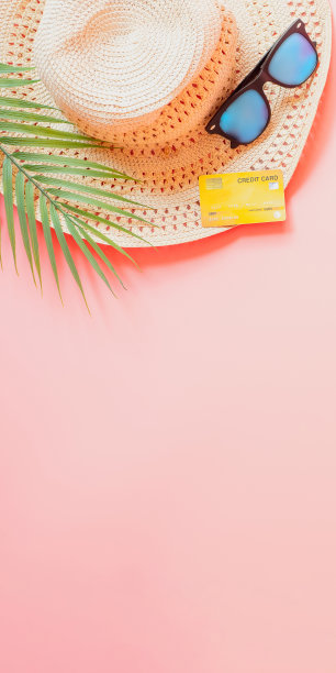 夏天配件概念从信用卡和夏天收集在柔和的红色背景。网络横幅的尺寸。图片下载
