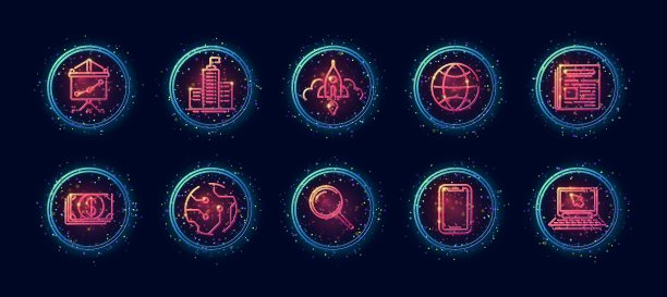 10中1向量图标设置相关的硬件开发主题。线性艺术矢量图标在几何霓虹辉光风格图片下载