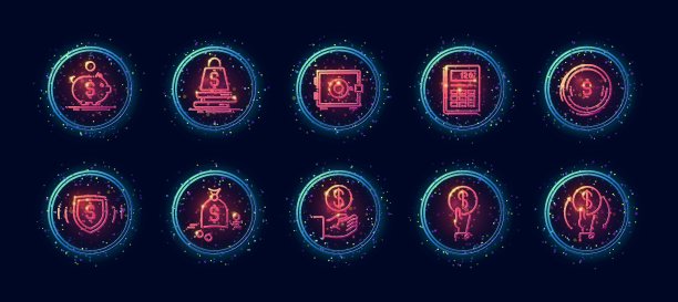 10中1矢量图标设置相关的金钱和财政主题。线性艺术矢量图标在几何霓虹辉光风格图片下载