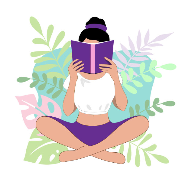 矢量插图与美丽的剪影女孩坐在看书上的热带树叶的背景图片下载