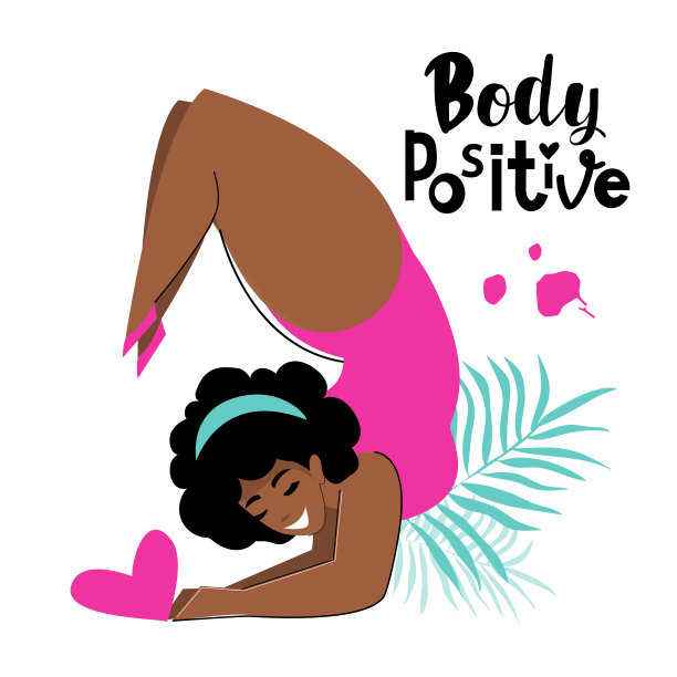 美丽的非洲裔美国女孩加上大小做瑜伽在白色背景隔离和铭文身体积极。动机。矢量平面风格插图图片下载