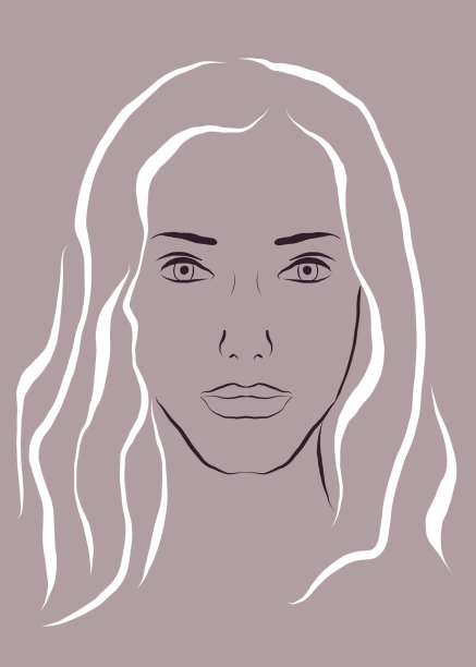 一个美丽的女孩的脸与长长的白色头发在灰色紫罗兰粉红色的背景上的插图。图片下载