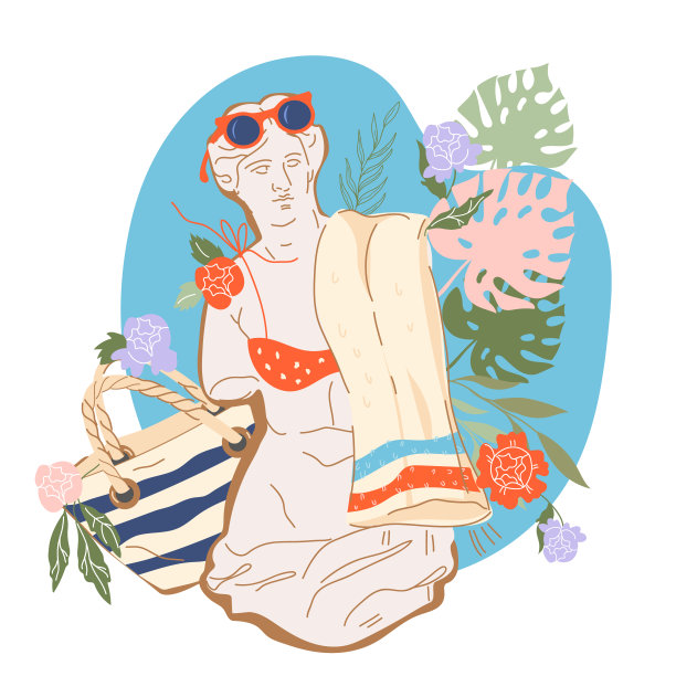 夏季横幅或印花设计与希腊维纳斯海滩用品，平面矢量插图孤立在白色背景。图片下载