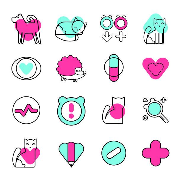 兽医矢量图标设置。动物医疗标志采集。平面插画风格。图片下载