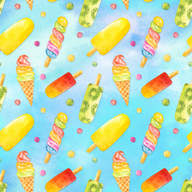无缝模式与水彩冰淇淋上的蓝色背景。图片下载