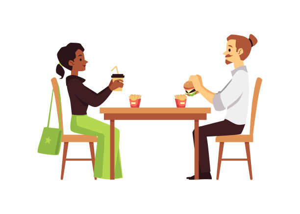 人们坐在自助餐厅或快餐店，平面矢量插图孤立。图片下载