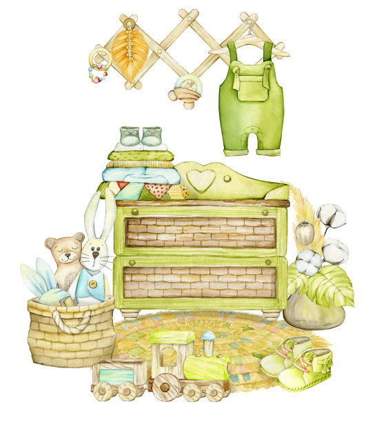 儿童、玩具、木火车、衣柜、鞋子、花草。水彩概念，儿童房，波西米亚风格，在一个孤立的背景。图片下载