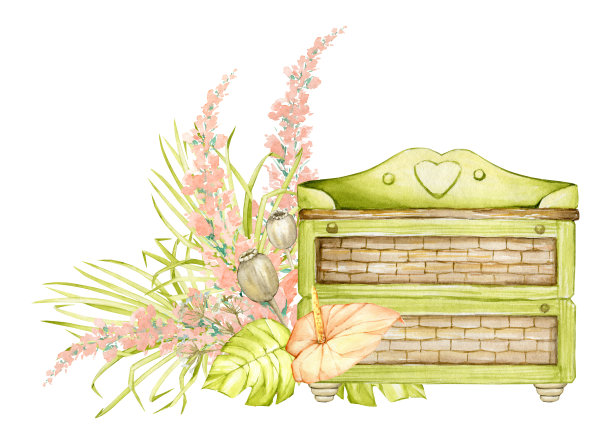 木质储物柜，复古风格，用树叶、花朵和干树枝装饰。一个孤立背景上的水彩画概念。图片下载