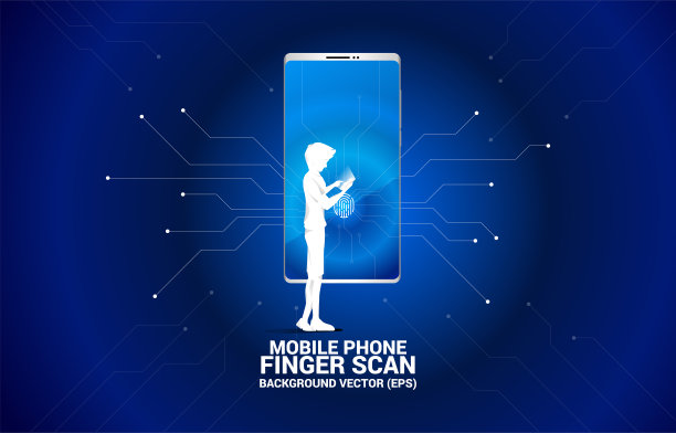 男人与手机和手指扫描访问图标手机屏幕。图片下载