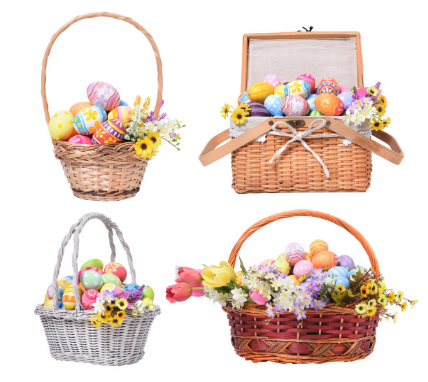 复活节快乐，彩色鸡蛋篮子与花孤立收集在白色的背景图片下载