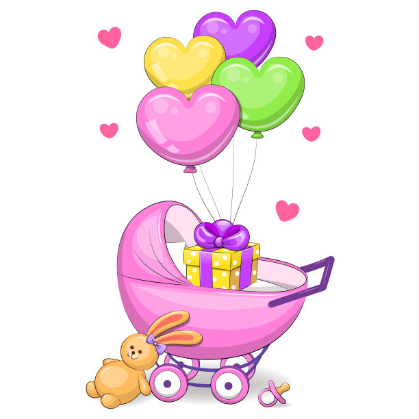 可爱的卡通粉红女孩婴儿车，玩具，婴儿假人，礼物和气球。图片下载