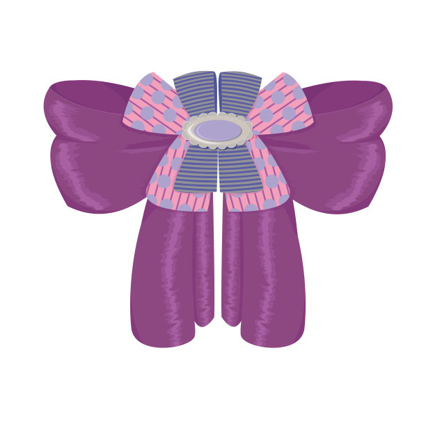 装饰紫色蝴蝶结与珠宝胸针。不同面料和质地的和谐组合，在节日的衣服或头发。卡通矢量插图，孤立在白色背景图片下载