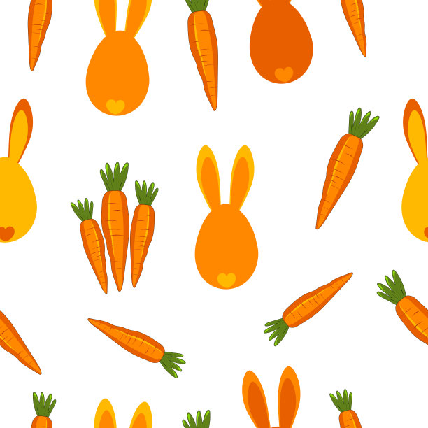 橙色胡萝卜和野兔。可爱的无缝图案与蔬菜和动物，印刷在织物，纺织品，厨房装饰。矢量图形。图片下载