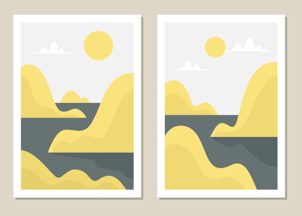 艺术景观墙设置。抽象景观设计的封面，海报，版画，墙壁艺术在一个极简的风格。向量。图片下载