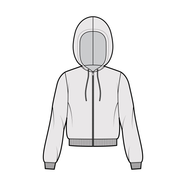拉链连帽衫运动衫技术时尚插图与长袖，放松身体，肋袖口，带状hem，束带图片下载