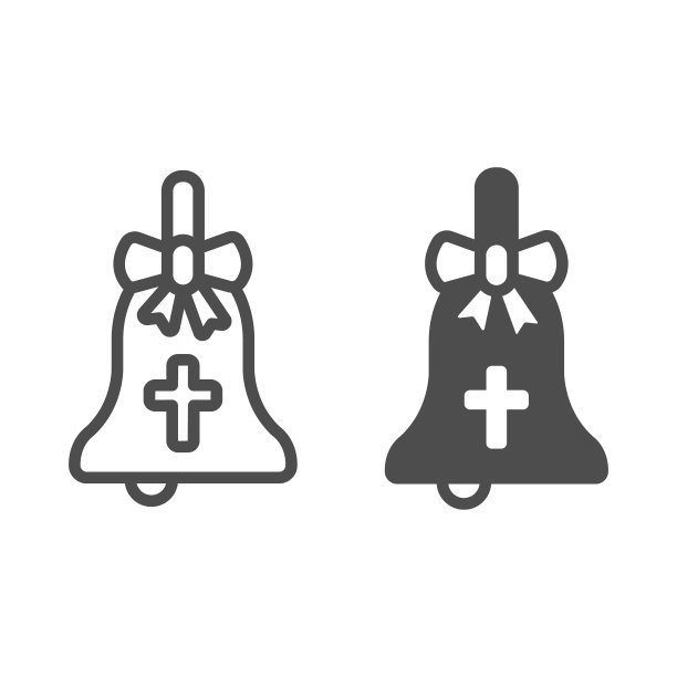 钟与十字和弓线和固体图标，复活节快乐的概念，传统的复活节符号在白色的背景，铃与十字图标轮廓风格的移动和网页设计。矢量图形。图片下载