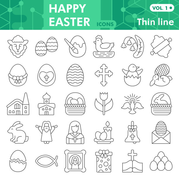 复活节快乐细线图标集，复活节节日庆祝符号收藏或素描。春季基督教节日线性风格标志web和应用程序。矢量图形孤立在白色背景。图片下载