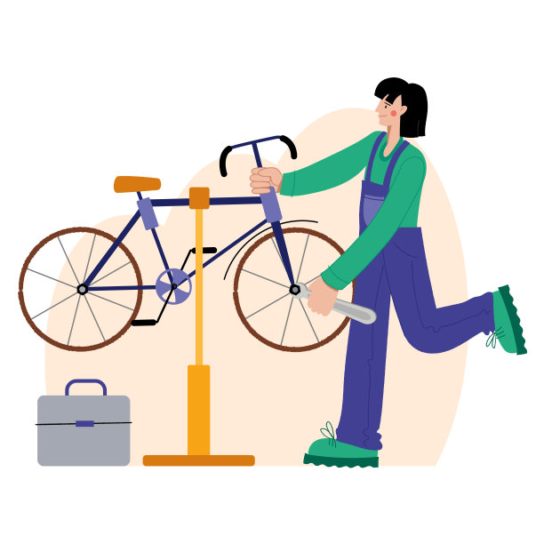 自行车修理。一位妇女在修理自行车。网页图形，横幅，广告，商业模板图片下载