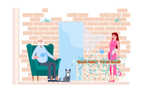 那个快乐的年轻女人正在阳台上浇花图片下载