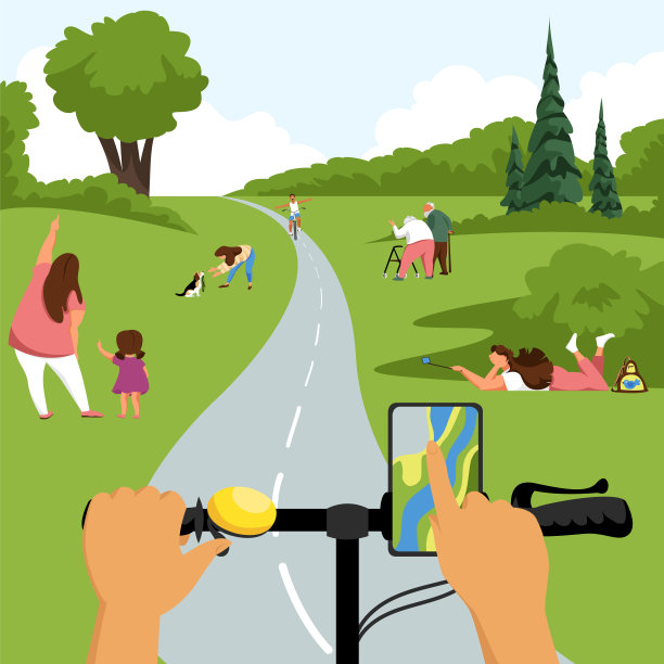 人们在自然界中。在公园里骑自行车。向量景观图片下载