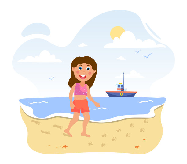 一个可爱的小女孩在沙滩上看着沙滩上的爪印图片下载