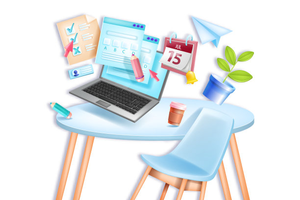 在线考试，向量教育学校，大学远程家庭考试，椅子，桌子，笔记本电脑屏幕，日历。图片下载