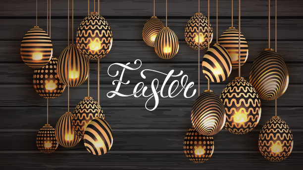 3d金蛋图案复活节背景向量上的黑色木材。假日矢量金礼物背景。3 d矢量插图。图片下载