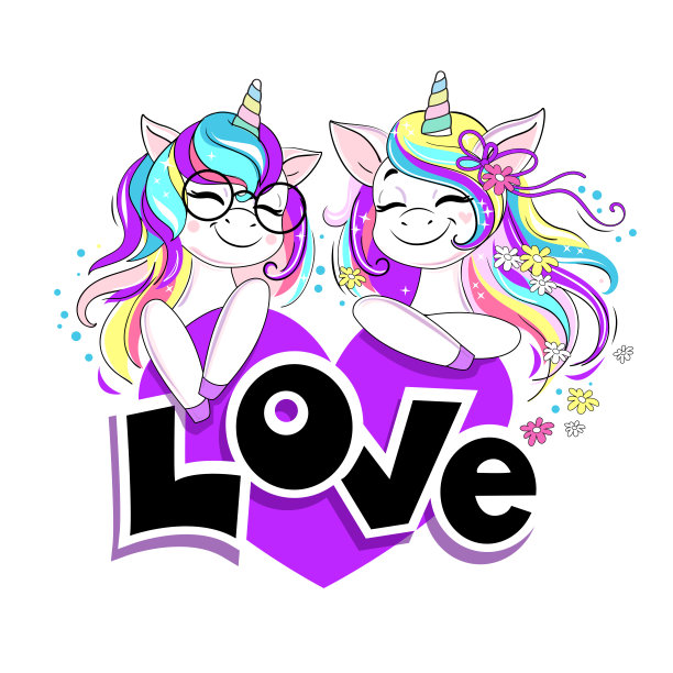 两只美丽的独角兽捧着一颗刻有爱的心。矢量插图。情人节卡片图片下载