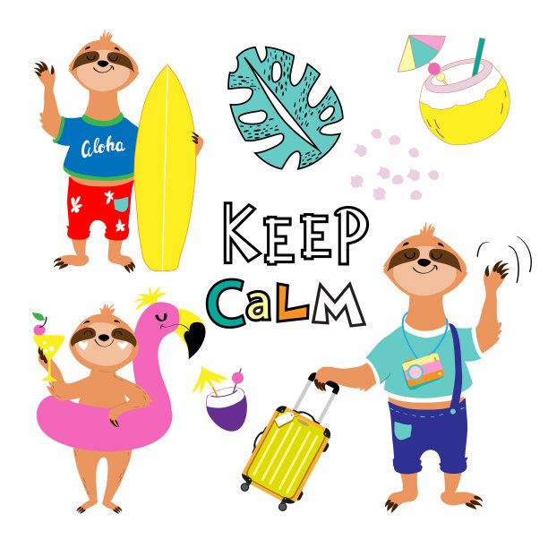 收藏在白色背景上的夏季树懒。树懒，带着冲浪板，带着行李箱，骑着充气火烈鸟图片下载