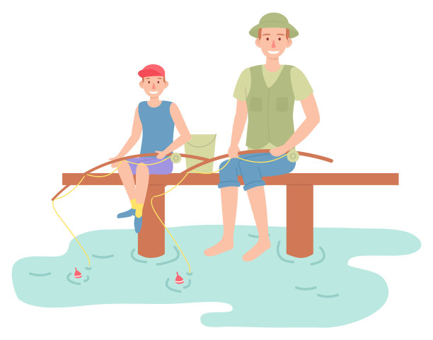 家庭户外娱乐活动，快乐的父母和儿子坐着钓鱼，父亲和孩子图片下载