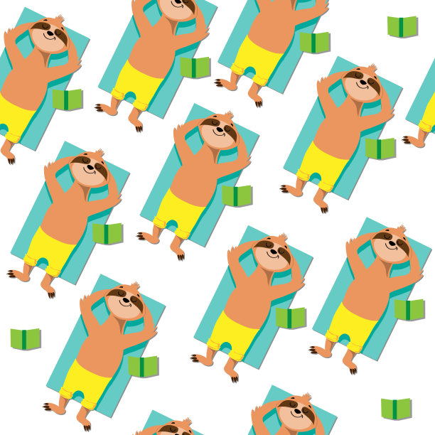 可爱的夏季树懒在一个白色的背景无缝模式。矢量插图。假期旅游的概念。平的风格图片下载