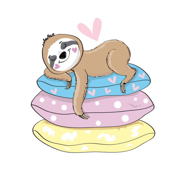 可爱的树懒睡在白色背景的彩色枕头上。儿童矢量插图图片下载