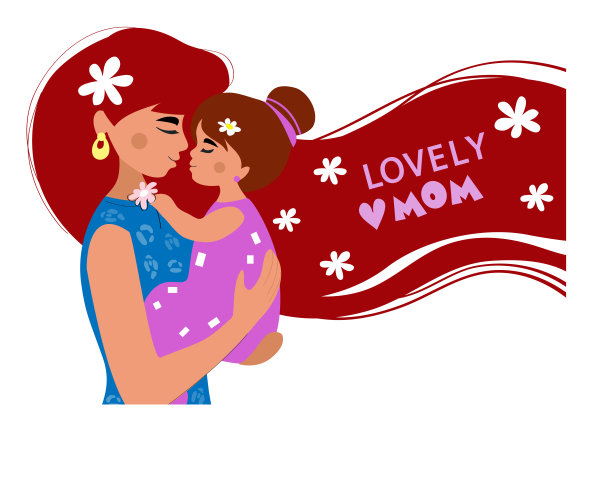 穿着蓝色裙子的漂亮女人和她的女儿。母亲节贺卡。矢量平面风格的插图。幸福的家庭的概念图片下载