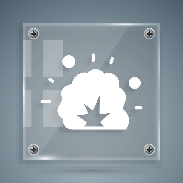 白色炸弹爆炸与碎片和火球图标孤立在灰色背景。方形玻璃面板。向量图片下载