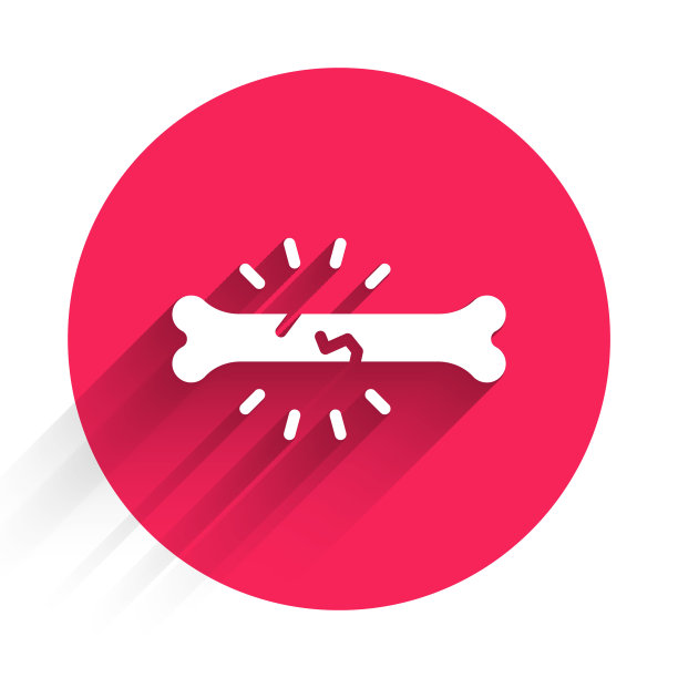 白骨疼痛图标孤立与长影子。骨科医疗。关节和骨骼的疾病，关节炎。红色圆圈按钮。向量图片下载