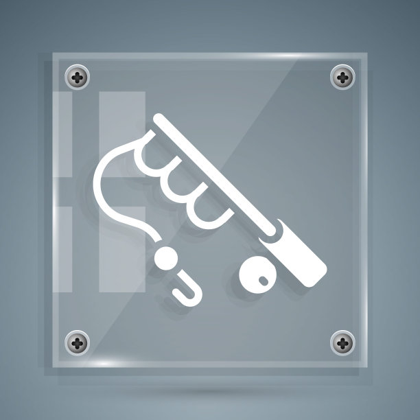 白色鱼竿图标孤立在灰色背景。渔具和养鱼主题。方形玻璃面板。向量图片下载