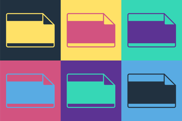 波普艺术纸粘合剂贴纸与弯曲的角落图标隔离在彩色背景。向量图片下载