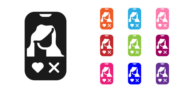 黑色约会应用在线移动概念图标隔离在白色背景。女性男性轮廓平面设计。夫妻匹配关系。设置图标丰富多彩。向量图片下载