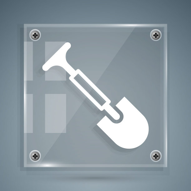 白色铲图标孤立在灰色背景。园艺工具。园艺、农业、农业的工具。方形玻璃面板。向量图片下载