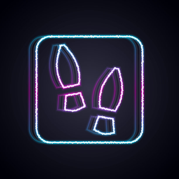 发光的霓虹灯线人类脚印鞋图标孤立在黑色的背景。鞋鞋底。向量图片下载