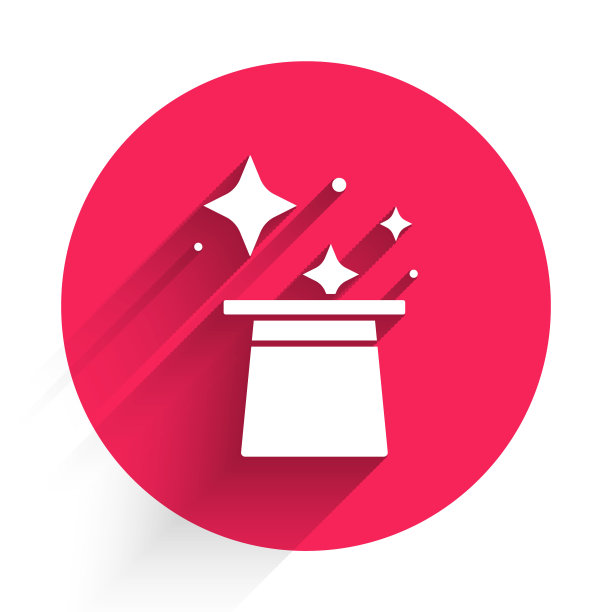 白色魔术帽图标孤立与长影子。魔术。神秘的娱乐概念。红色圆圈按钮。向量图片下载